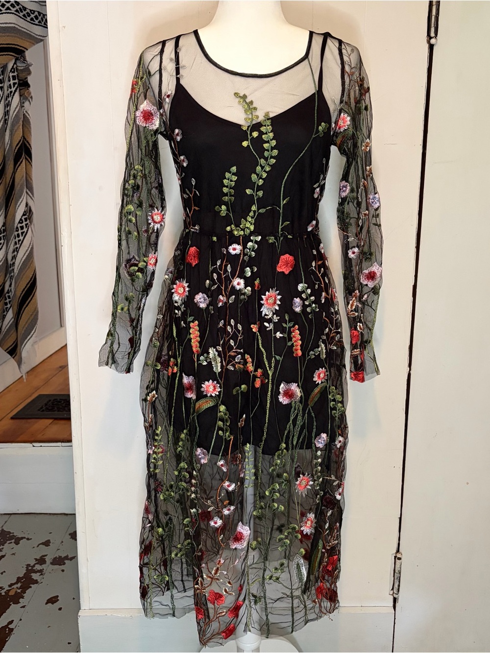 Whimsigoth sheer embroidered floral long sleeve dress with attached black slip
